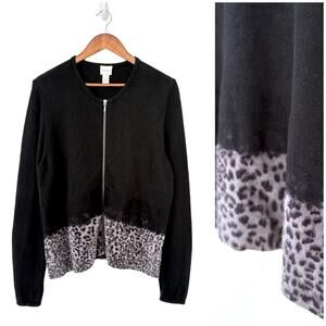 Chico’s Leopard Print Cardigan Sweater Sz 2 L Black Gray Zip Front Knit Stretch